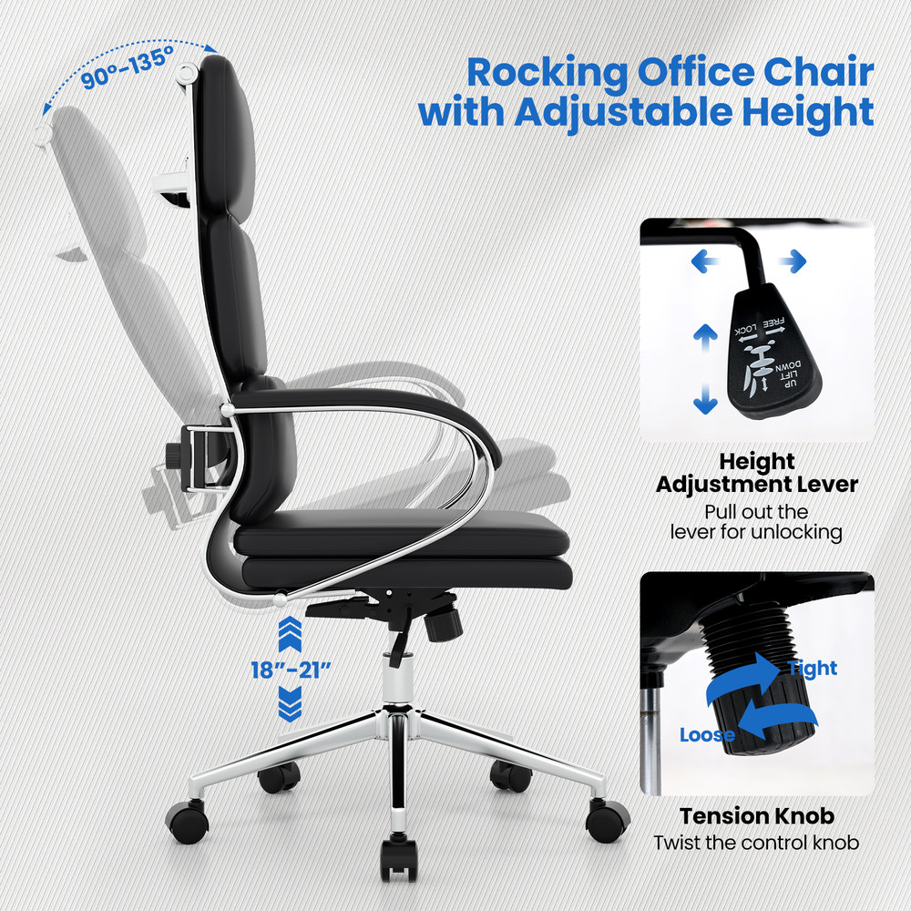 Ergonomic Leather Office Chair with Adjustable Height, Rocking Function, Lumbar Support, and Removable Cushions