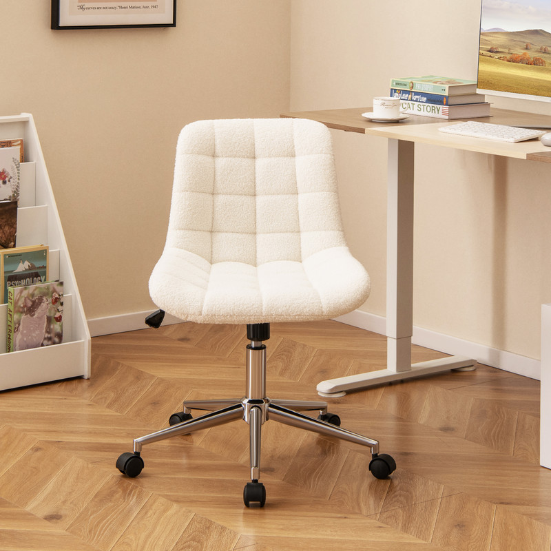 Teddy Fleece Armless Office Chair with Back Support, Adjustable Height Makeup Vanity Desk Chair with Swivel & Wheels