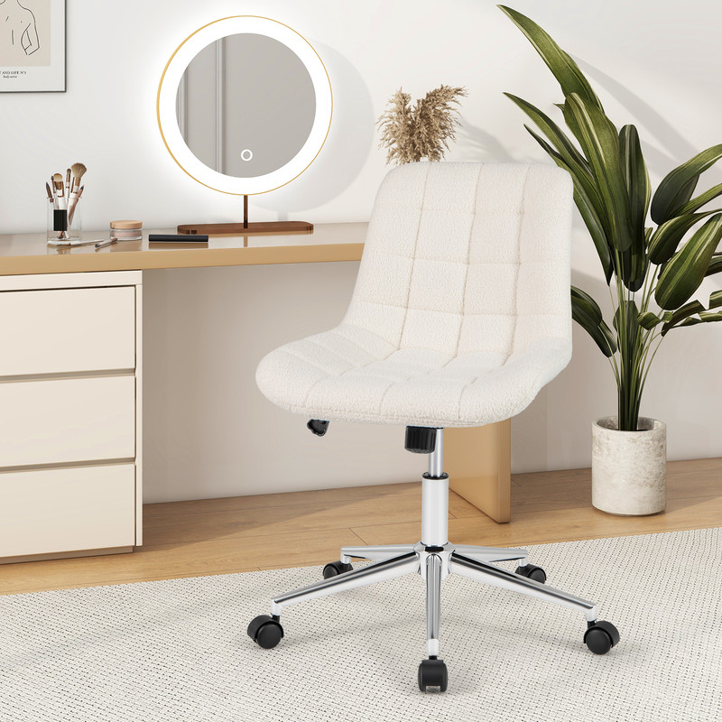 Teddy Fleece Armless Office Chair with Back Support, Adjustable Height Makeup Vanity Desk Chair with Swivel & Wheels