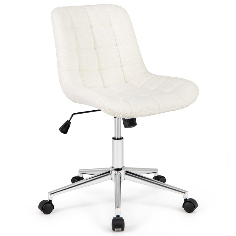 Teddy Fleece Armless Office Chair with Back Support, Adjustable Height Makeup Vanity Desk Chair with Swivel & Wheels