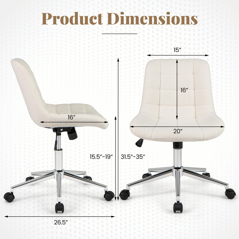 Teddy Fleece Armless Office Chair with Back Support, Adjustable Height Makeup Vanity Desk Chair with Swivel & Wheels