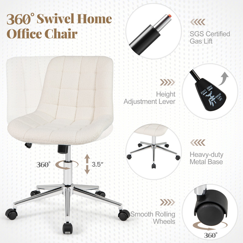 Teddy Fleece Armless Office Chair with Back Support, Adjustable Height Makeup Vanity Desk Chair with Swivel & Wheels