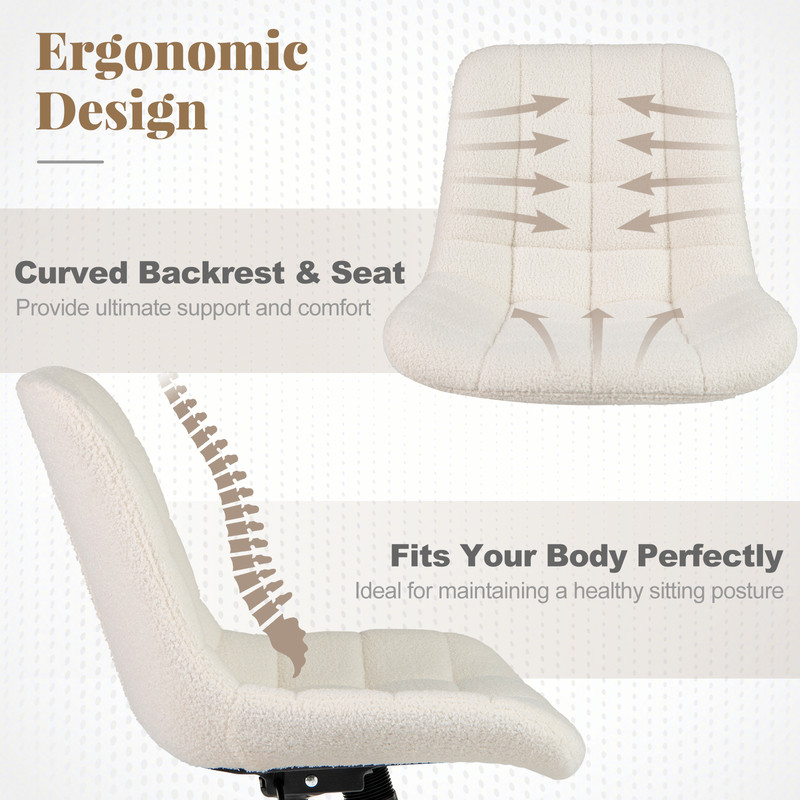 Teddy Fleece Armless Office Chair with Back Support, Adjustable Height Makeup Vanity Desk Chair with Swivel & Wheels