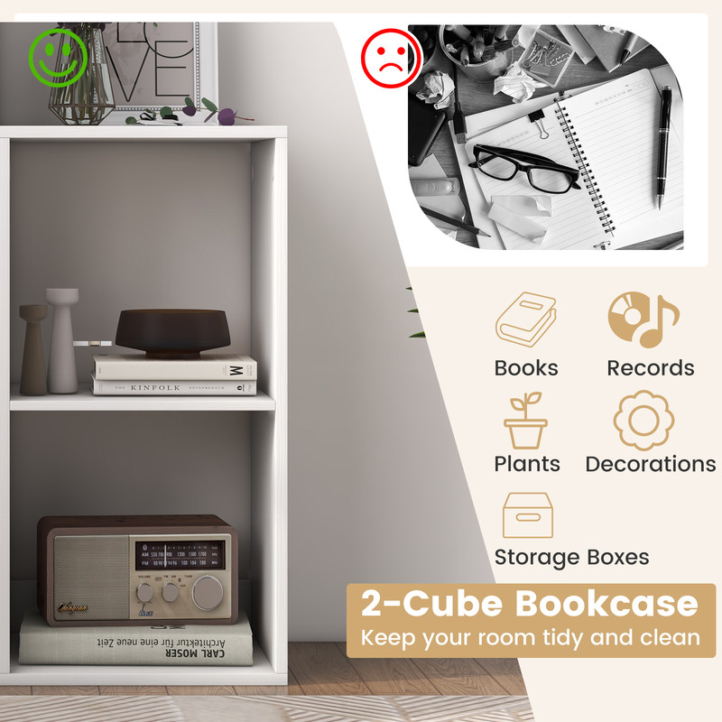 2 Cube Bookshelf with Back Guardrail, Modern Small Bookcase Organizer for Living Room, Bedroom, Kids Room, Office