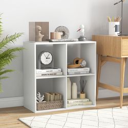 4 cube bookshelf with back guardrail for living room bedroom, modern wood grain storage organizer
