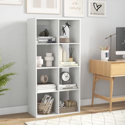 8 cube bookshelf with back guardrail for living room & bedroom, freestanding wood storage organizer shelf display unit
