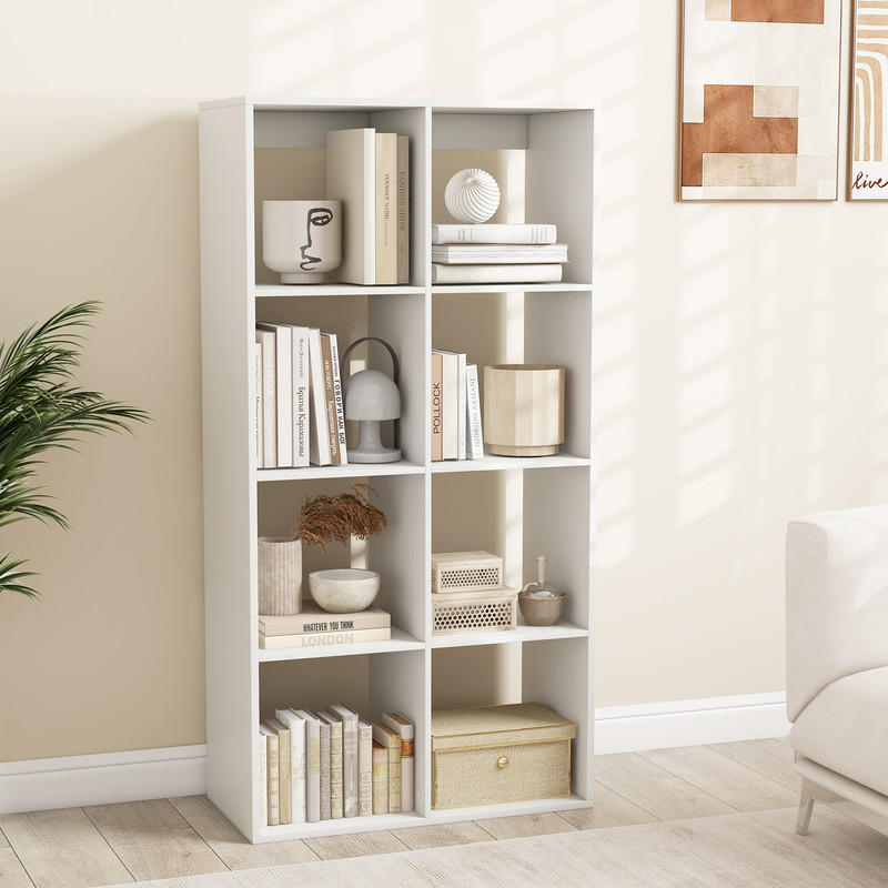 8 Cube Bookshelf with Back Guardrail for Living Room & Bedroom, Freestanding Wood Storage Organizer Shelf Display Unit