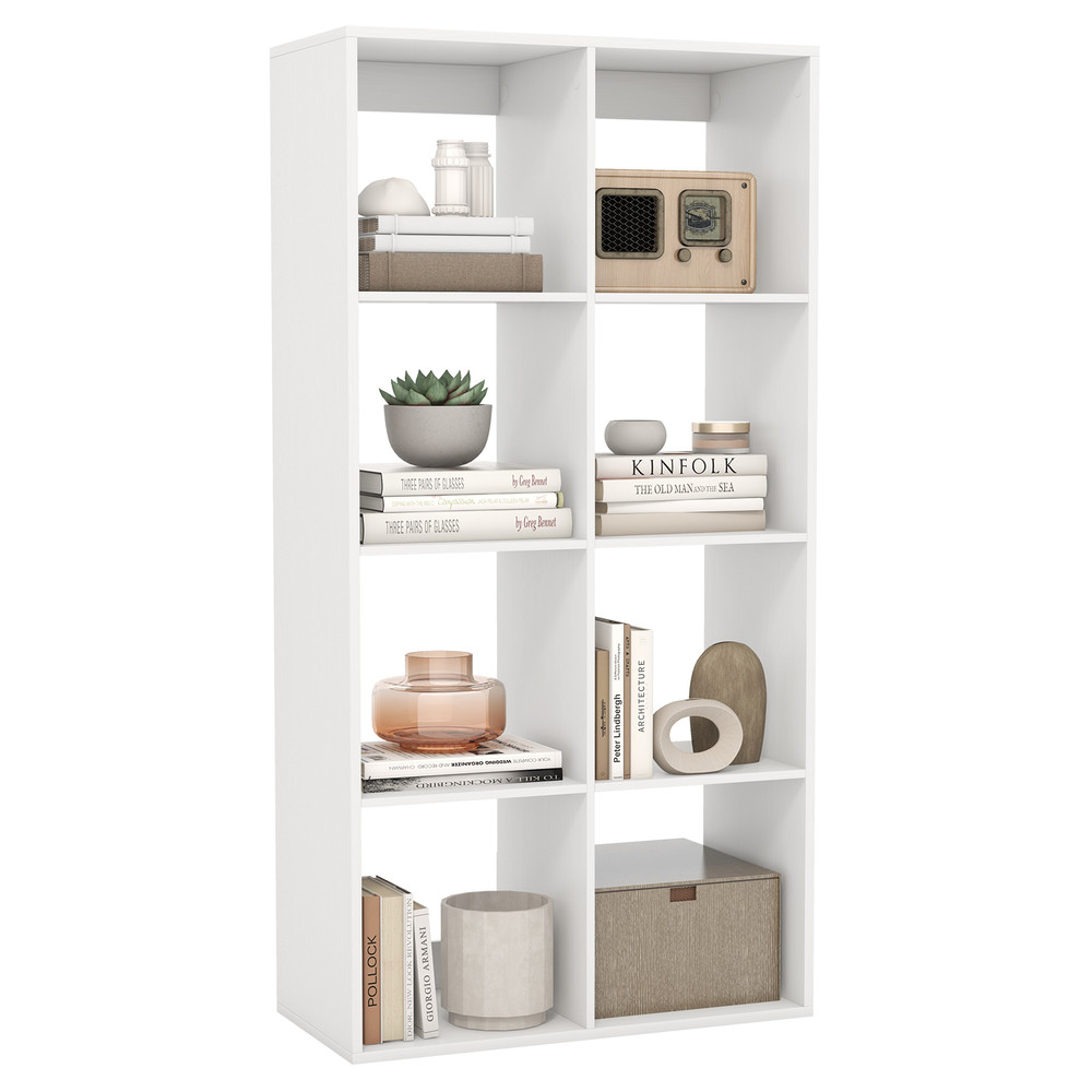 8 Cube Bookshelf with Back Guardrail for Living Room & Bedroom, Freestanding Wood Storage Organizer Shelf Display Unit