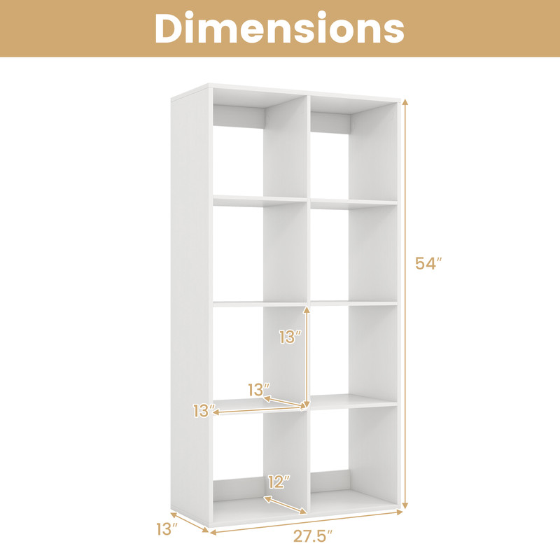 8 Cube Bookshelf with Back Guardrail for Living Room & Bedroom, Freestanding Wood Storage Organizer Shelf Display Unit