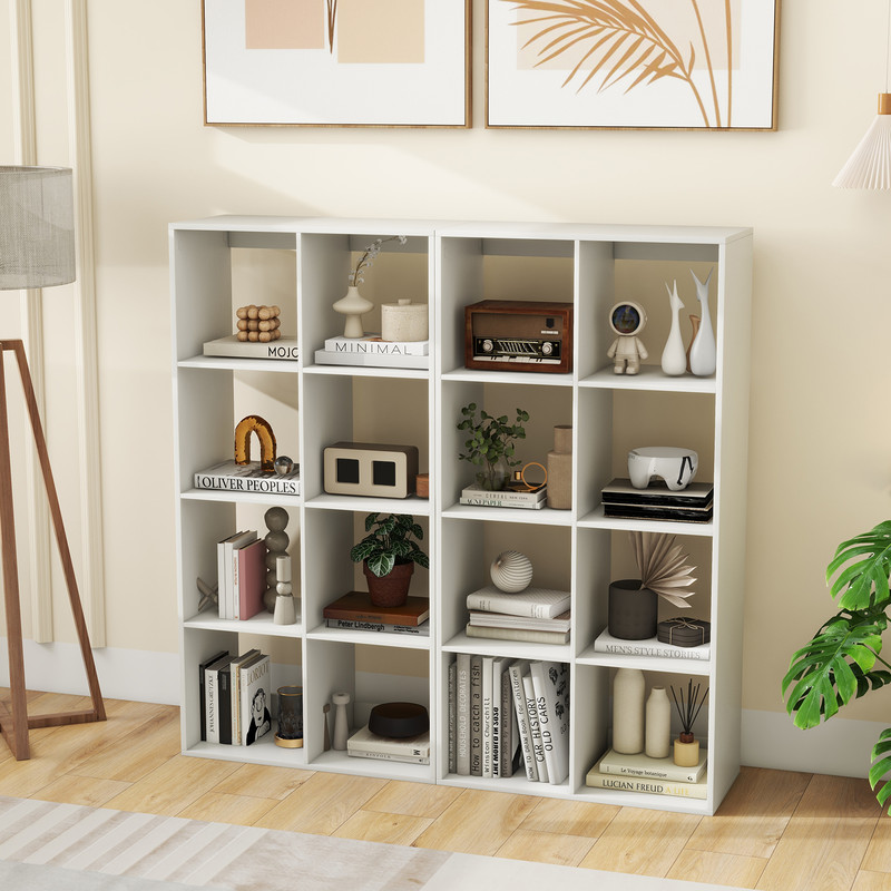 8 Cube Bookshelf with Back Guardrail for Living Room & Bedroom, Freestanding Wood Storage Organizer Shelf Display Unit