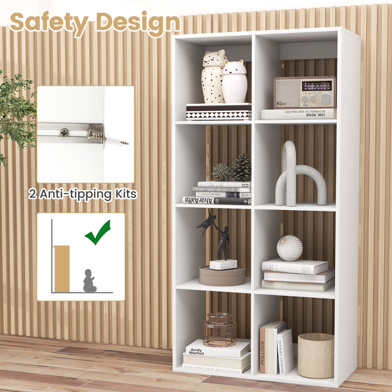 8 Cube Bookshelf with Back Guardrail for Living Room & Bedroom, Freestanding Wood Storage Organizer Shelf Display Unit