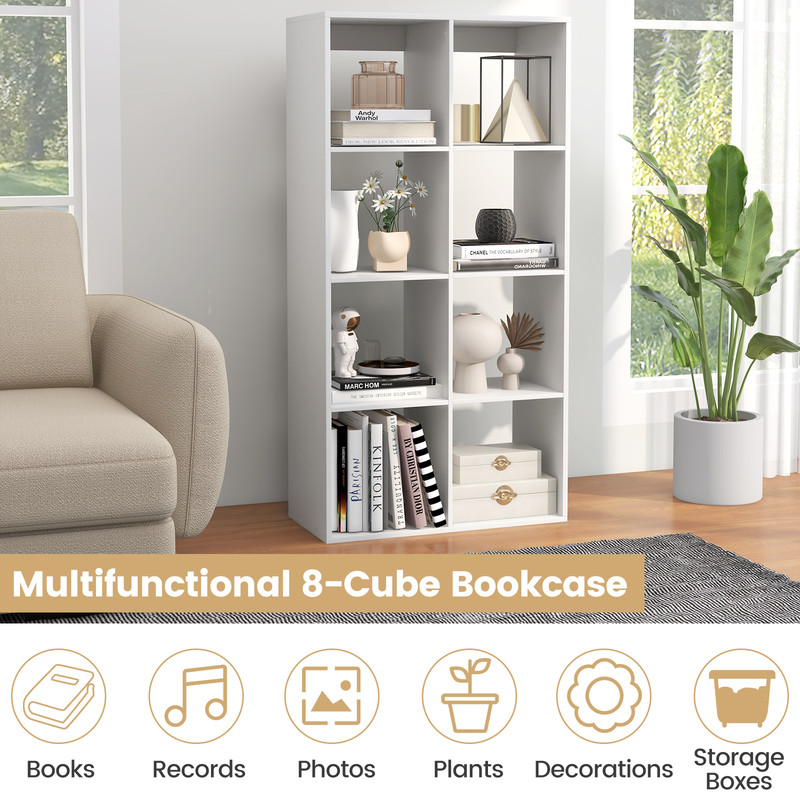 8 Cube Bookshelf with Back Guardrail for Living Room & Bedroom, Freestanding Wood Storage Organizer Shelf Display Unit