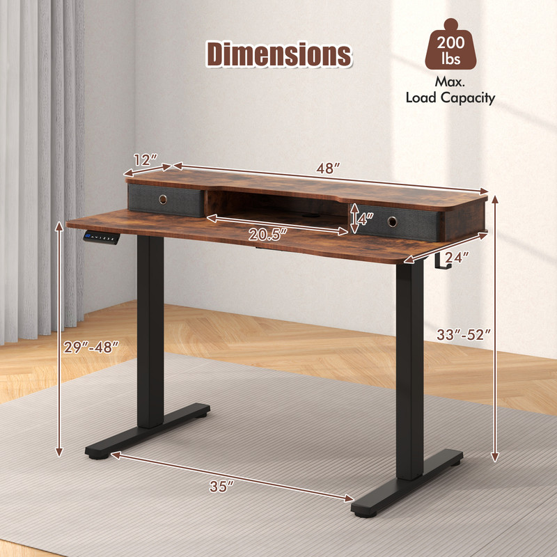 Height Adjustable Electric Standing Desk with 2 Drawers, Ergonomic Sit Stand Home Office Desk with Memory Settings
