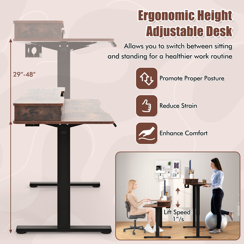 Height Adjustable Electric Standing Desk with 2 Drawers, Ergonomic Sit Stand Home Office Desk with Memory Settings