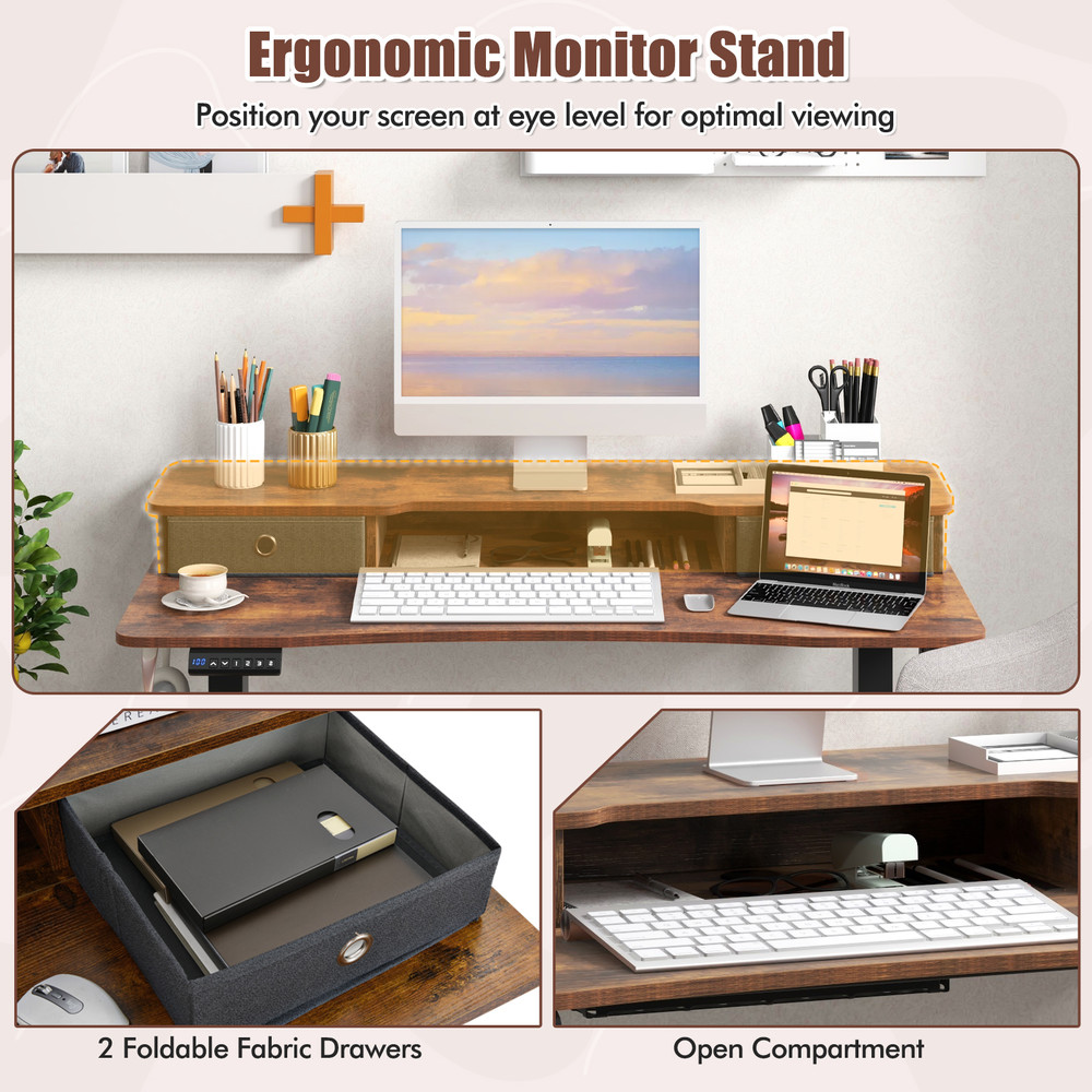 Height Adjustable Electric Standing Desk with 2 Drawers, Ergonomic Sit Stand Home Office Desk with Memory Settings