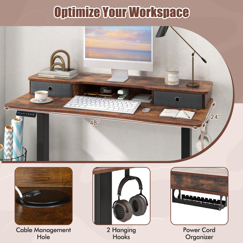 Height Adjustable Electric Standing Desk with 2 Drawers, Ergonomic Sit Stand Home Office Desk with Memory Settings