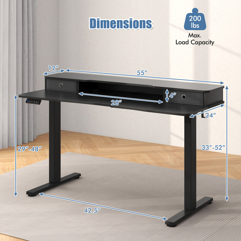 55 Inch x 24 Inch Height Adjustable Electric Standing Desk with 2 Drawers – Spacious Ergonomic Workstation