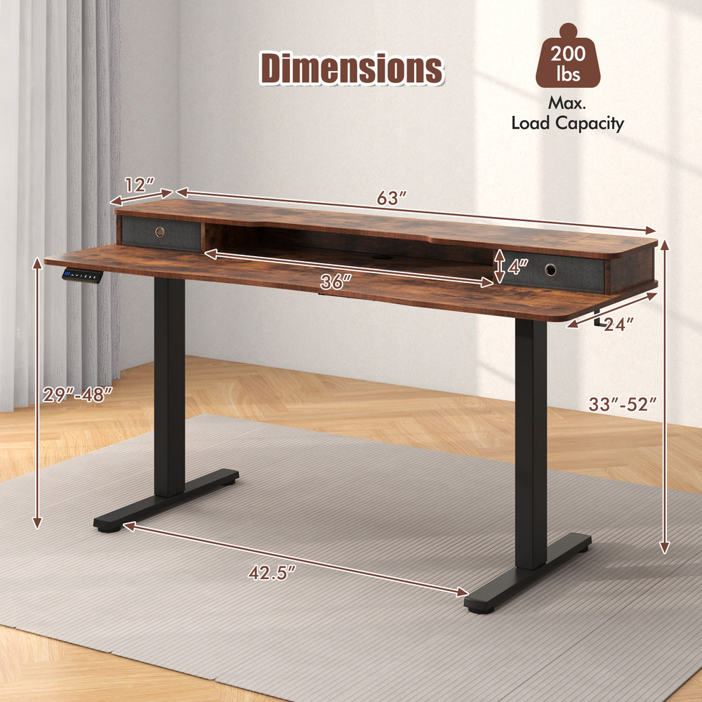 63 Inch x 24 Inch Electric Standing Desk with 2 Drawers – Height Adjustable, Ergonomic Office Desk with Memory Settings