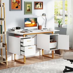 51 inch computer desk with floating desktop & dual drawers – modern home office desk with ample storage