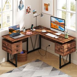 l-shaped computer desk with power outlets & 3 storage drawers – sturdy corner workstation for home office