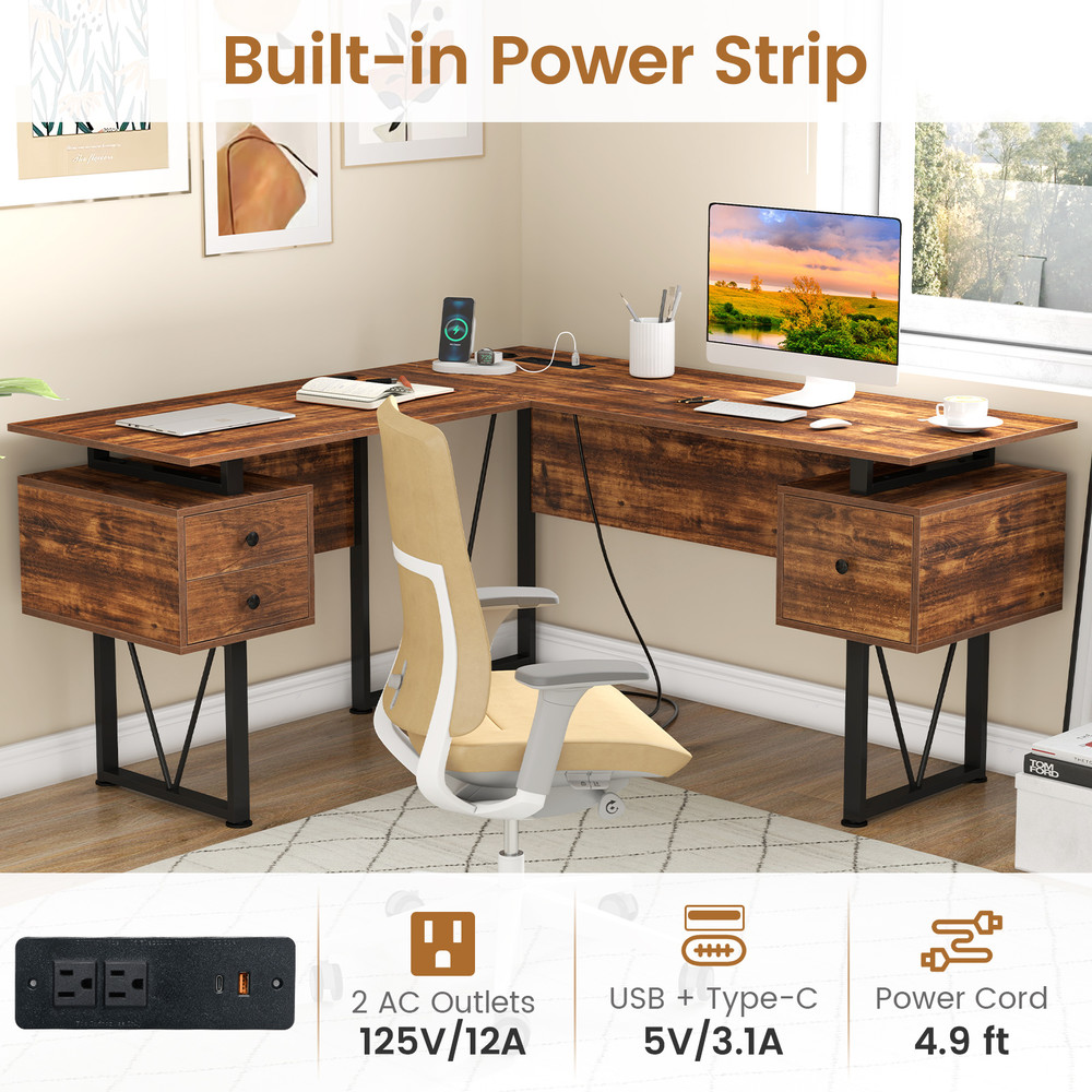 L-Shaped Computer Desk with Power Outlets & 3 Storage Drawers – Sturdy Corner Workstation for Home Office