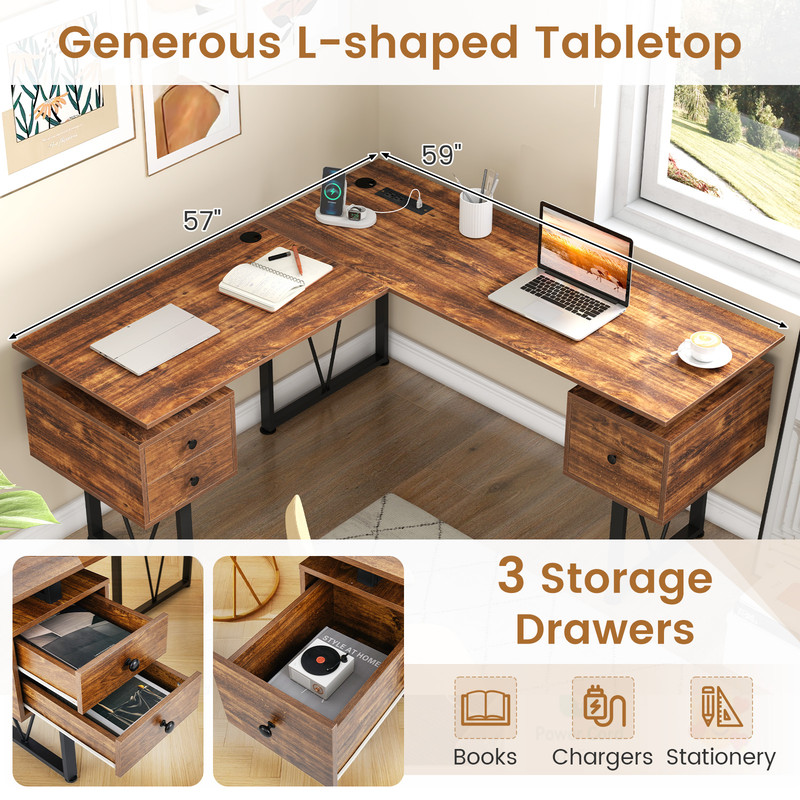 L-Shaped Computer Desk with Power Outlets & 3 Storage Drawers – Sturdy Corner Workstation for Home Office