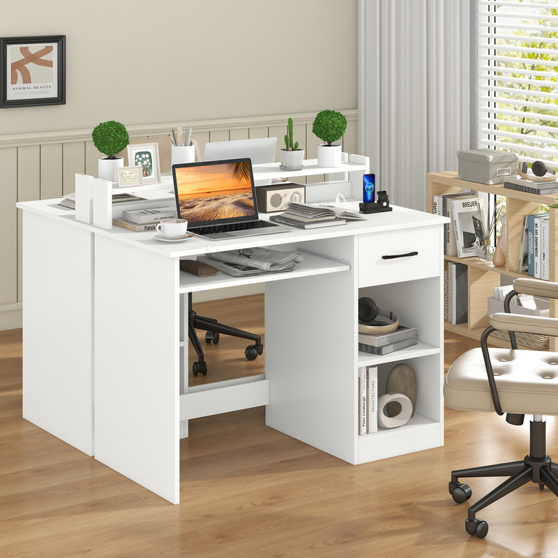 White Desk with Charging Station & Adjustable Shelf – Modern Home Office Desk with USB Ports & Storage