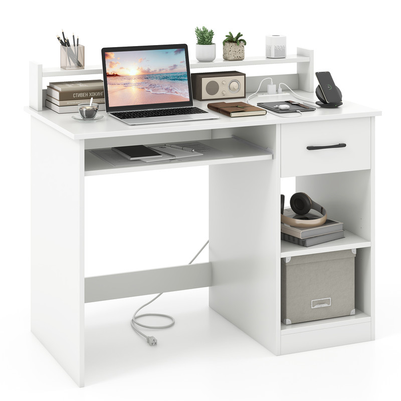 White Desk with Charging Station & Adjustable Shelf – Modern Home Office Desk with USB Ports & Storage