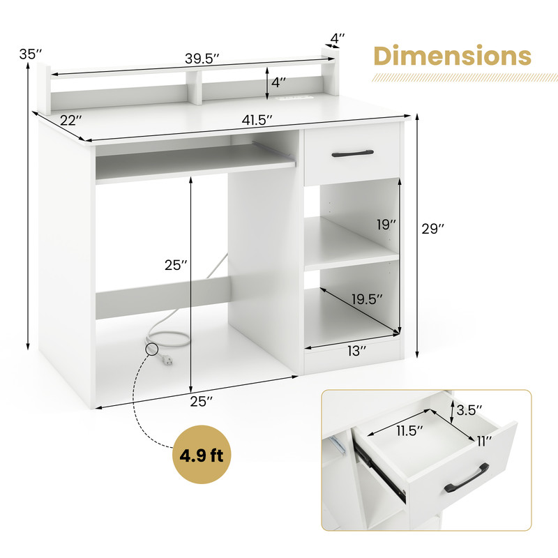 White Desk with Charging Station & Adjustable Shelf – Modern Home Office Desk with USB Ports & Storage