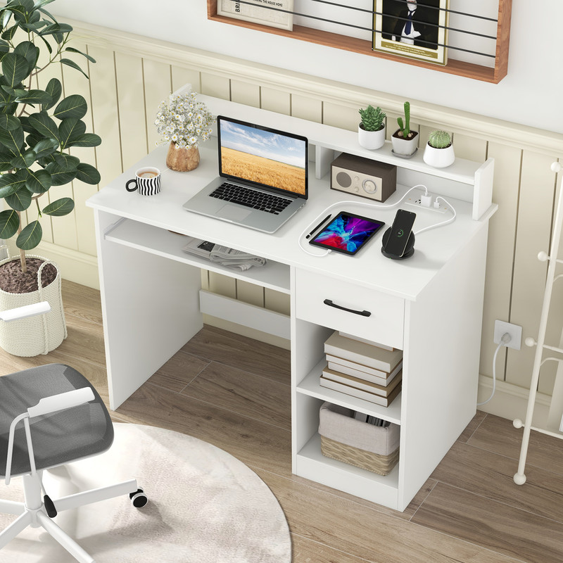 White Desk with Charging Station & Adjustable Shelf – Modern Home Office Desk with USB Ports & Storage