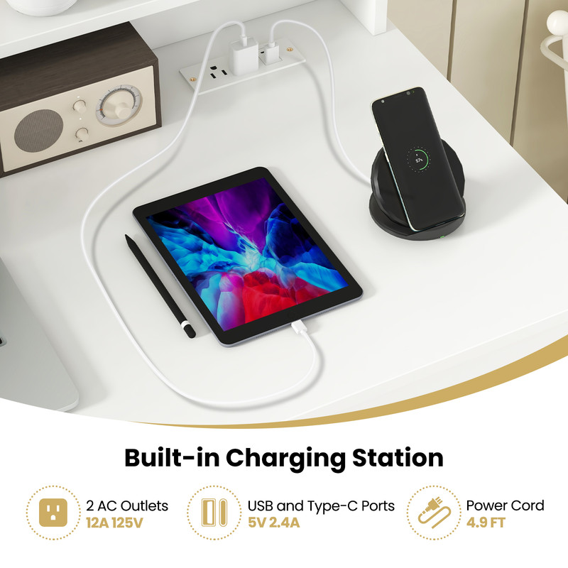 White Desk with Charging Station & Adjustable Shelf – Modern Home Office Desk with USB Ports & Storage
