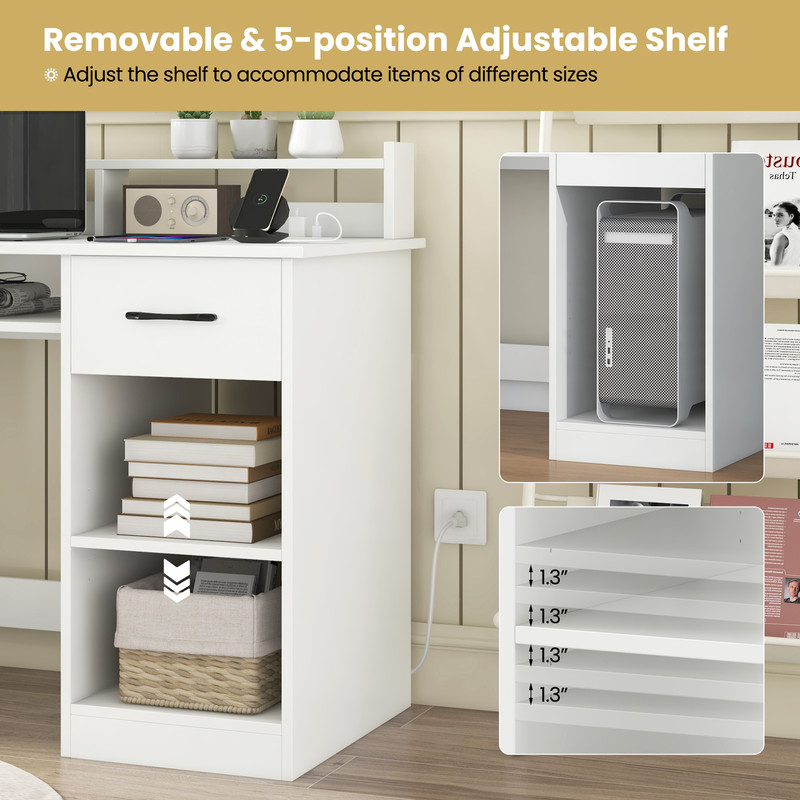 White Desk with Charging Station & Adjustable Shelf – Modern Home Office Desk with USB Ports & Storage
