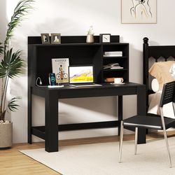 modern computer desk with hutch & storage shelves, white office desk with charging station & heavy-duty design
