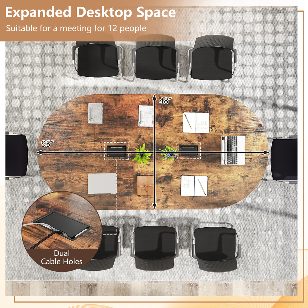95-Inch Oval Conference Table – Industrial Executive Desk with Dual Cable Holes, Large Meeting Table for 12