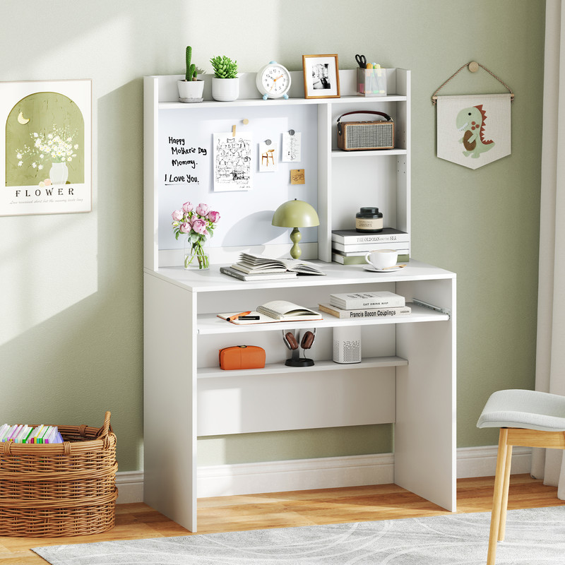 Compact Office Computer Desk with Hutch & Magnetic Whiteboard, Space-Saving Workstation with Storage