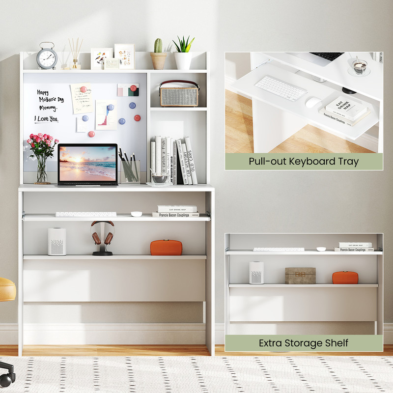 Compact Office Computer Desk with Hutch & Magnetic Whiteboard, Space-Saving Workstation with Storage