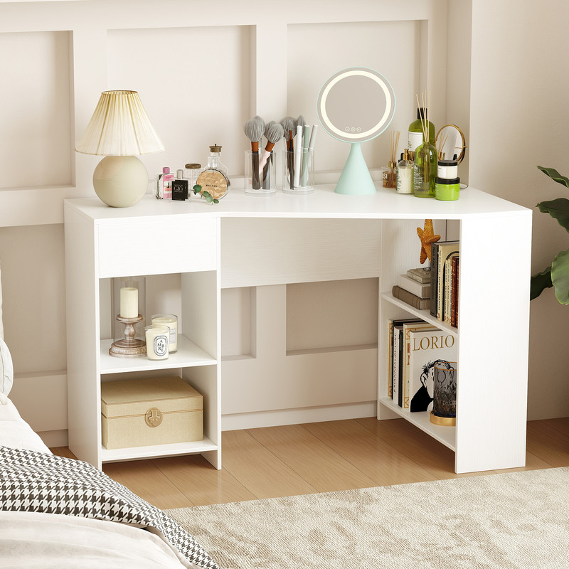 48 Inches L-Shaped Corner Executive Computer Desk with Drawer, Space-Saving Office & Gaming Desk with Storage Shelves