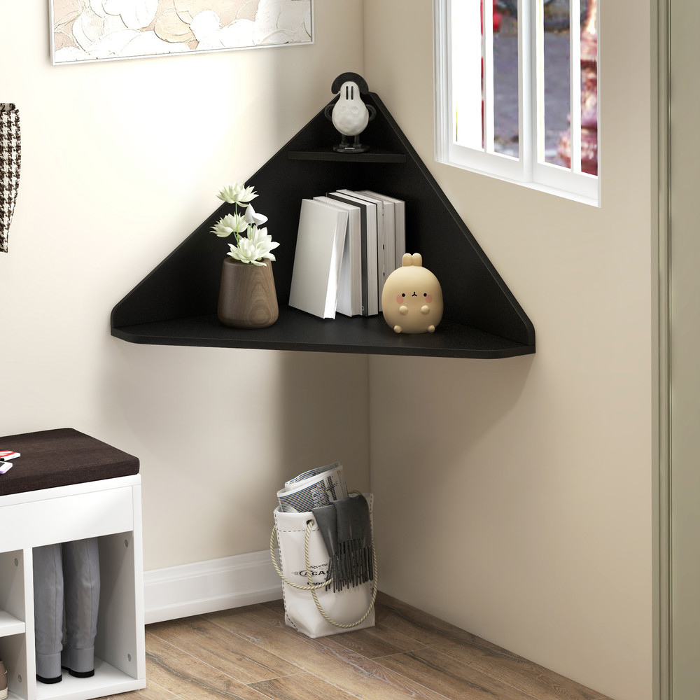 Floating Triangular Corner Computer Desk with Storage Shelf, Space-Saving Wall-Mounted Workstation
