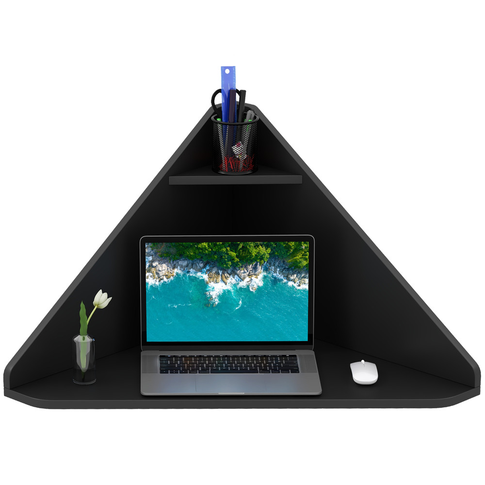 Floating Triangular Corner Computer Desk with Storage Shelf, Space-Saving Wall-Mounted Workstation