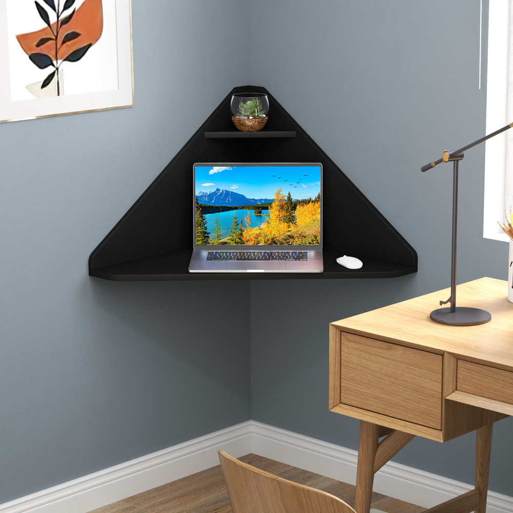 Floating Triangular Corner Computer Desk with Storage Shelf, Space-Saving Wall-Mounted Workstation