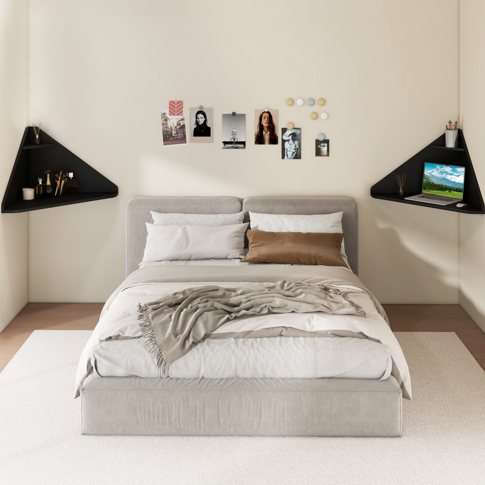 Floating Triangular Corner Computer Desk with Storage Shelf, Space-Saving Wall-Mounted Workstation