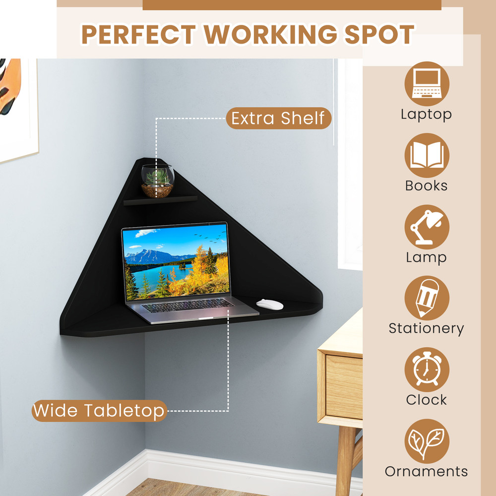 Floating Triangular Corner Computer Desk with Storage Shelf, Space-Saving Wall-Mounted Workstation