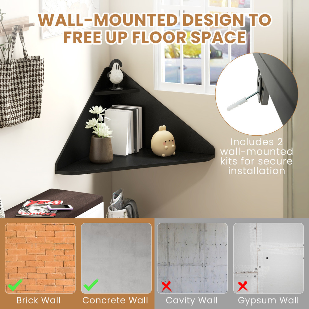 Floating Triangular Corner Computer Desk with Storage Shelf, Space-Saving Wall-Mounted Workstation