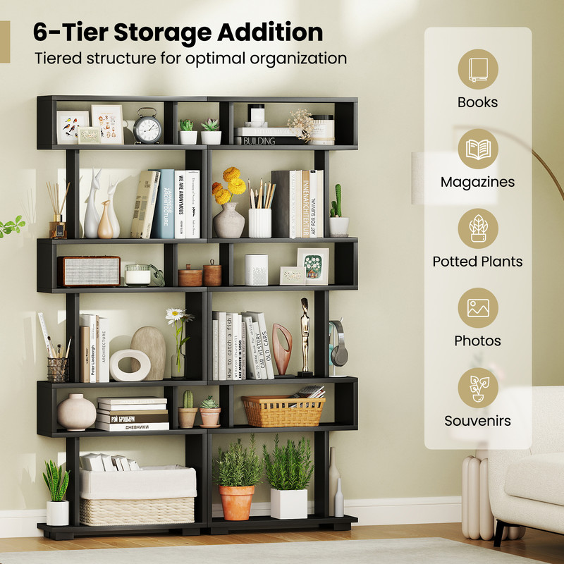 6-Tier Bookcase with Anti-Tipping Kit, Modern Tall Storage Shelf for Books, Decor & More