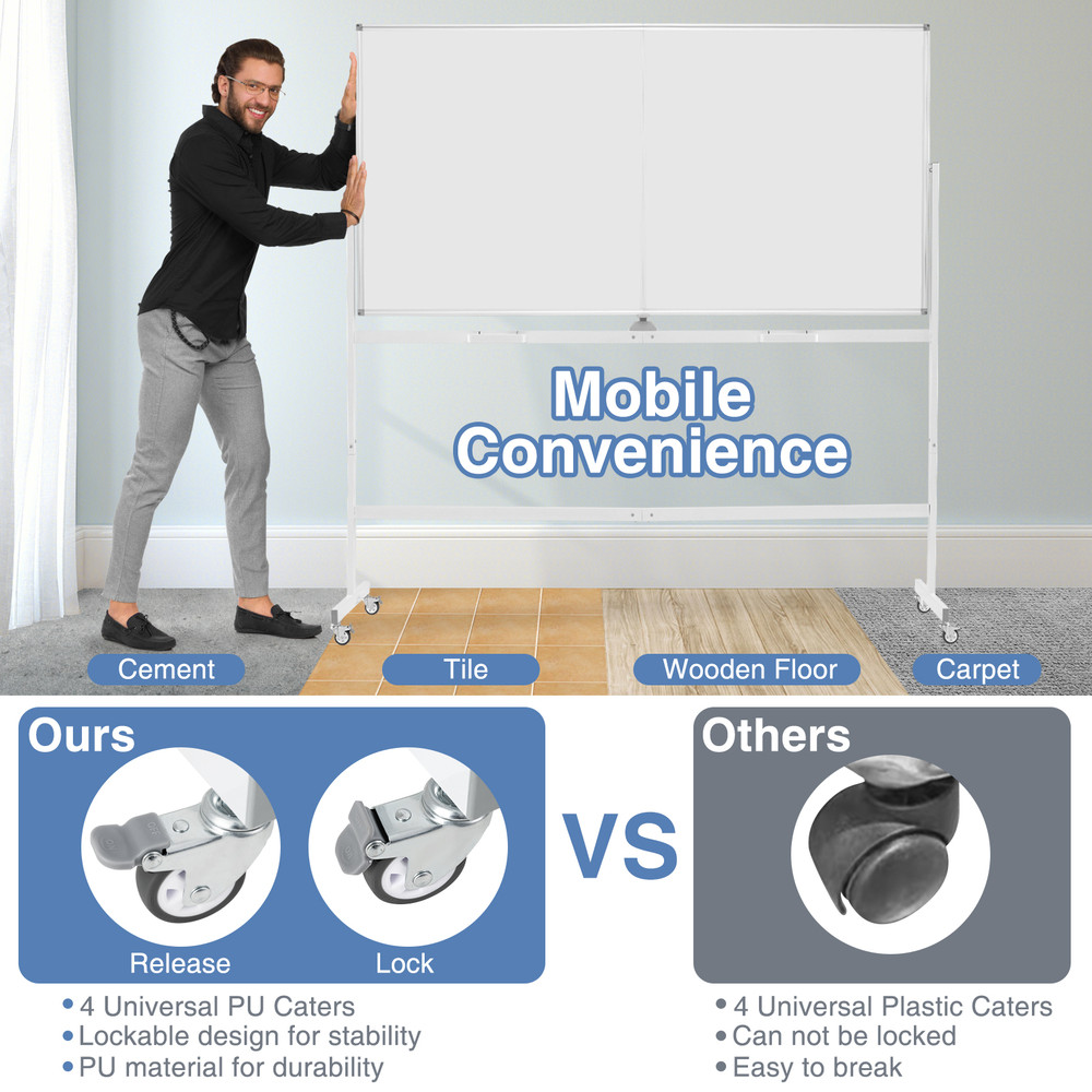 Rolling Double-Sided Magnetic Whiteboard on Wheels, Mobile Stand with Aluminum Alloy Frame & Locking Casters