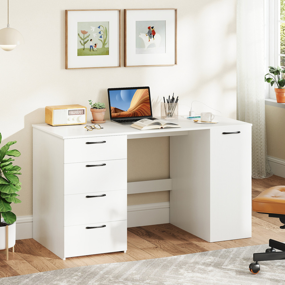 53 Inches Computer Desk with Power Outlets & 4 Storage Drawers, Spacious Workstation with Built-in Charging Station