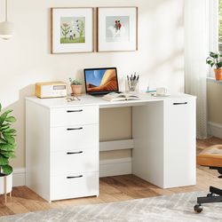 53 inches computer desk with power outlets & 4 storage drawers, spacious workstation with built-in charging station