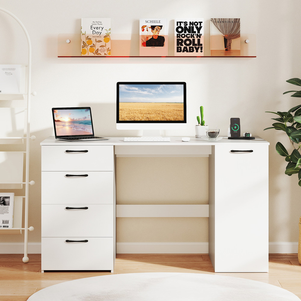 53 Inches Computer Desk with Power Outlets & 4 Storage Drawers, Spacious Workstation with Built-in Charging Station
