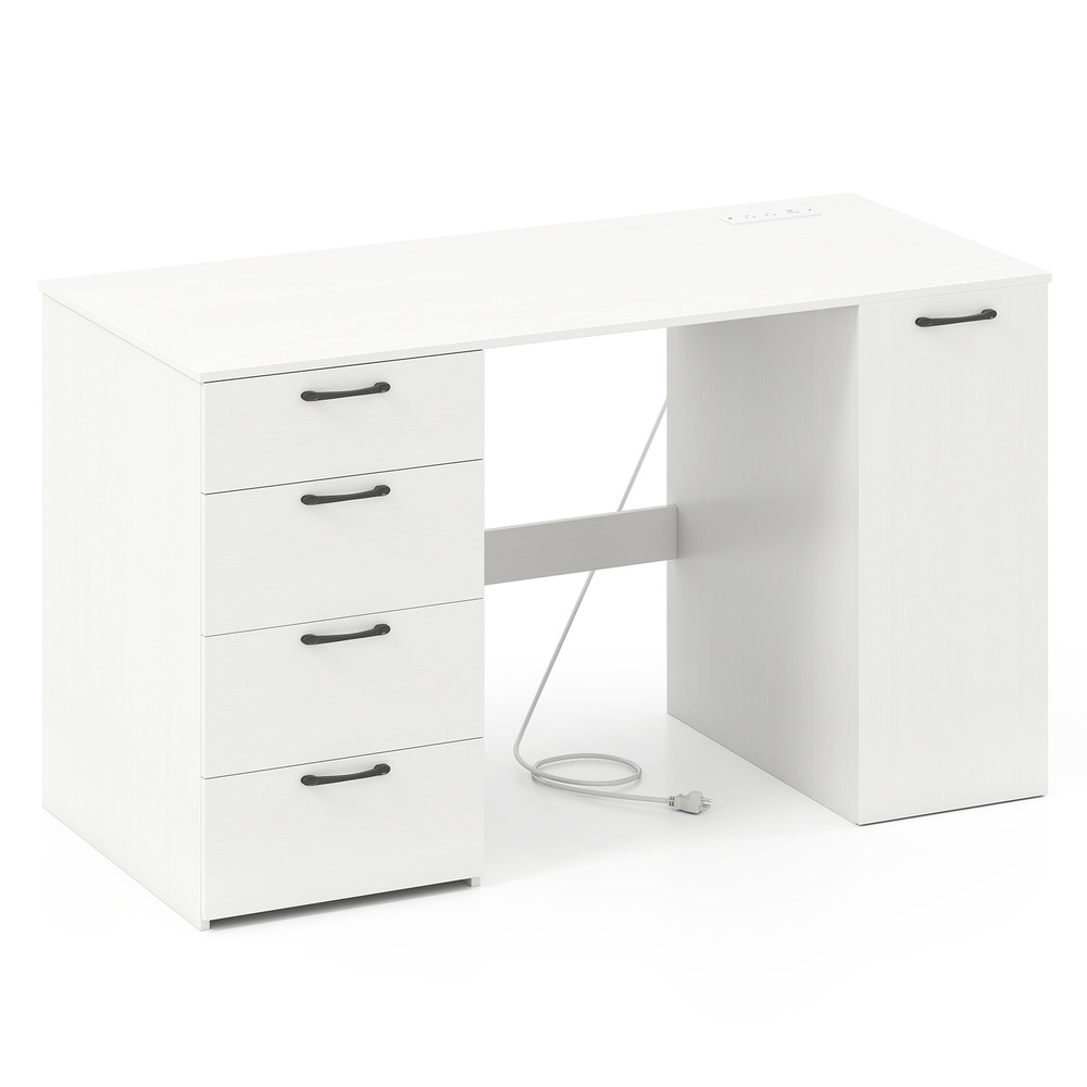 53 Inches Computer Desk with Power Outlets & 4 Storage Drawers, Spacious Workstation with Built-in Charging Station