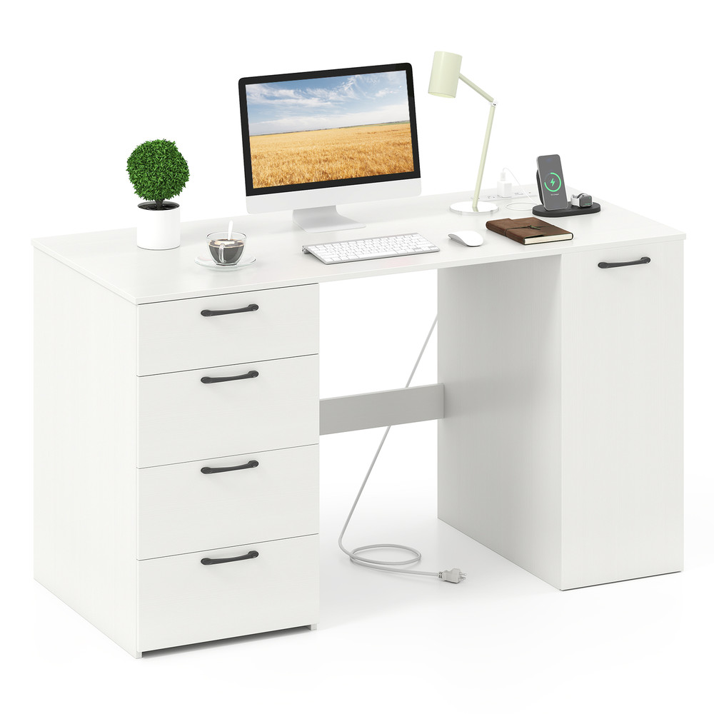 53 Inches Computer Desk with Power Outlets & 4 Storage Drawers, Spacious Workstation with Built-in Charging Station